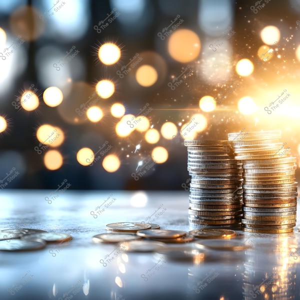 Image showing stacks of silver coins on a reflective surface. Bright lights fill the background, giving a gleaming and radiant effect to the image.