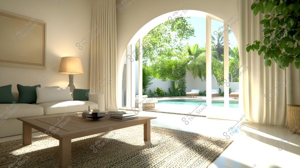 A bright living room with a white sofa and green and blue pillows. There is a table lamp next to the sofa. An arched glass door opens to a garden with a swimming pool, surrounded by green plants and palm trees. White curtains and a picture frame are on the wall. A relaxing, modern daytime scene.