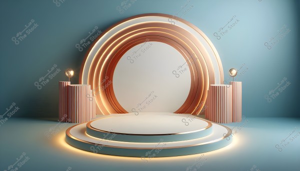 A modern circular stage with ambient lighting. The background is blue with a series of circular rings in gold and copper tones. On each side of the stage are cylindrical pillars topped with small round lights.