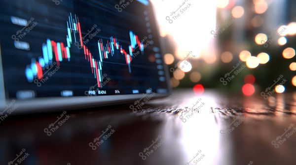 A screen displaying a colorful financial chart on a tablet. The background features soft light and multicolored bokeh lights, creating a focused impression on the screen. The image suggests a trading or financial analysis environment.
