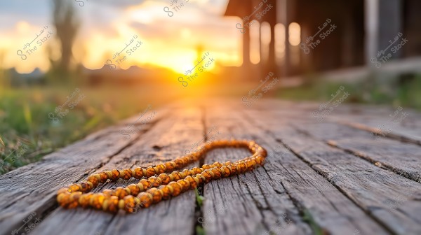 Image of a prayer bead strand with amber-colored beads placed on an old wooden surface in an outdoor setting. The sun is setting in the background, creating a golden glow in the sky and surroundings, while green plants and the shadow from a nearby structure add to the natural beauty of the scene.