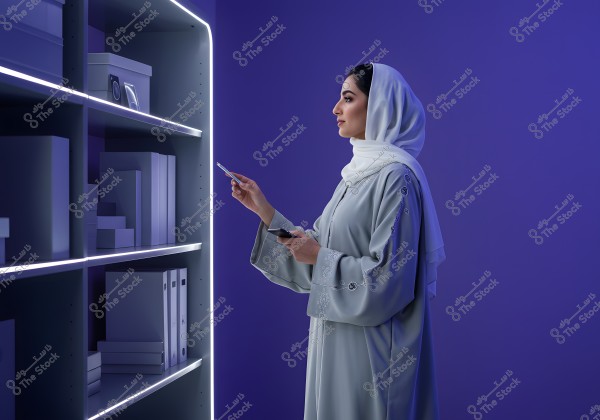 A woman wearing a grey abaya and a white hijab points with a pen at an illuminated bookshelf in a room with dark blue walls. In her other hand, she holds a mobile phone. Books and binders are neatly arranged on the shelves.