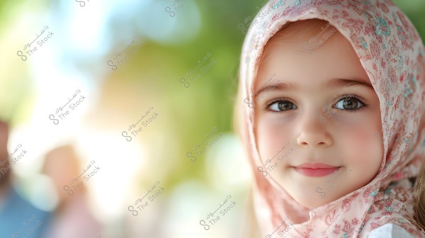 A close-up image of a girl wearing a pink hijab adorned with floral patterns and light blue accents, set against a blurry background with shades of green and yellow. Soft light fills the background, adding a calm and warm ambiance.