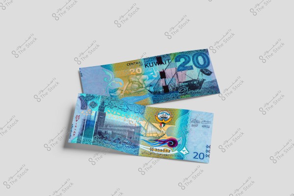 The image shows two twenty Kuwaiti Dinar banknotes. The top banknote features an image of a sailing ship and the number 20, while the bottom banknote displays the emblem of Kuwait and an image of a prominent architectural landmark, along with the inscription \"Twenty Dinars.\" The main colors used in the design are blue and purple with golden details.