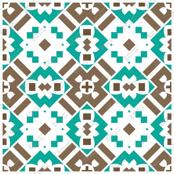 نمط فسيفساء هندسي بأشكال متكررة باللونين الأزرق الفيروزي والبني على خلفية بيضاء.