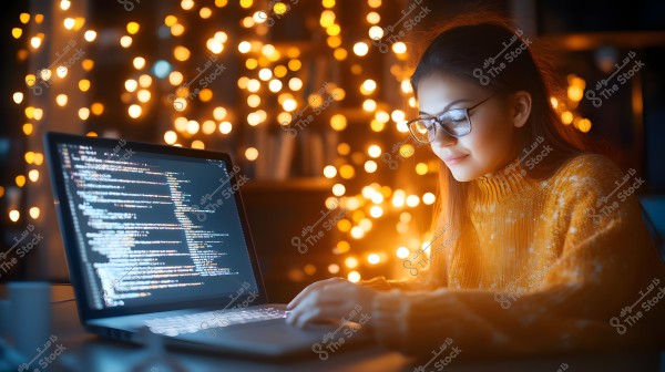 A woman wearing glasses and an orange sweater is working on a laptop displaying a screen full of code. The background is warmly lit with string-like lights.