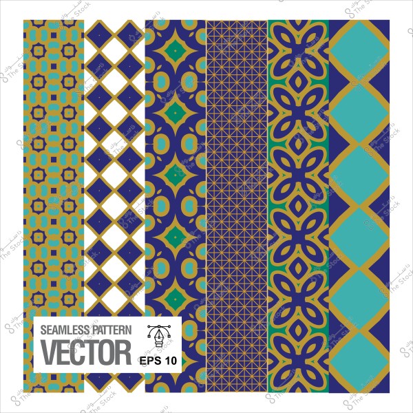 مجموعة من الأنماط الهندسية الملونة بأشكال هندسية تقليدية باللونين الأزرق والذهبي.