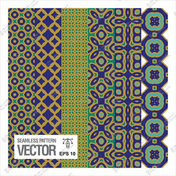 مجموعة من الأنماط الهندسية الملونة بالأزرق والأخضر والذهبي بتصميم متكرر.