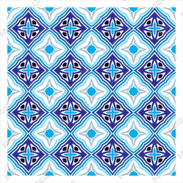 Blue and pink tile pattern with a repeating geometric design featuring intersecting motifs.