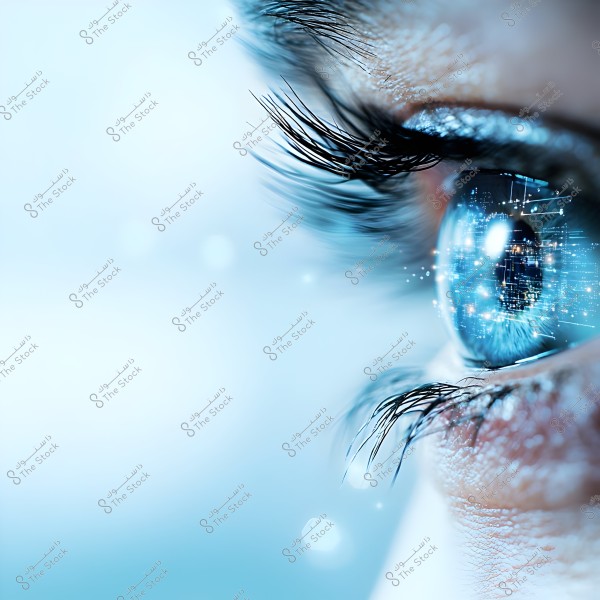 A close-up image of a blue human eye filling most of the frame. Reflected in the eye are digital and electronic details depicting a concept of futuristic technology or artificial intelligence. The eyelashes stand out prominently against a blurred light blue background.