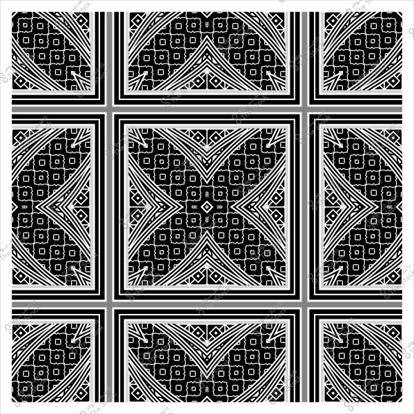 نمط زخرفي هندسي باللونين الأبيض والأسود يتضمن أشكالاً متماثلة تشبه الزهور والمربعات والأقواس المتداخلة. التصميم يتألف من وحدات مربعة تتكرر بشكل منتظم لتشكل شكلاً كبيراً متكاملًا.

-