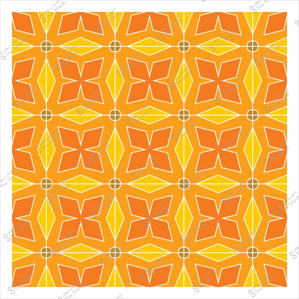 Geometric pattern with repetitive orange and yellow shapes on a white background.