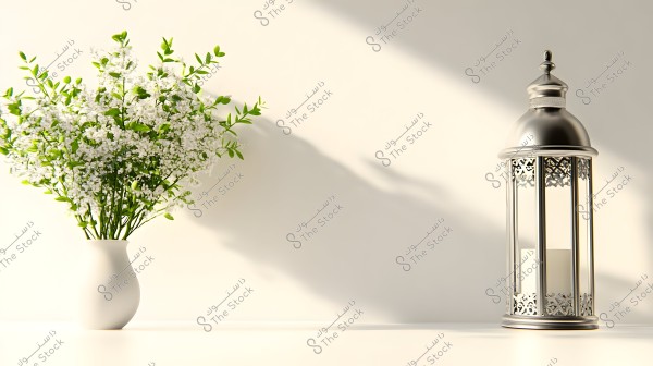 A white vase containing small white flowers with green leaves on the left, and a silver metallic lantern with traditional decorative patterns containing a candle inside on the right. Both are placed on a smooth surface, with a gentle shadow cast on the back wall.