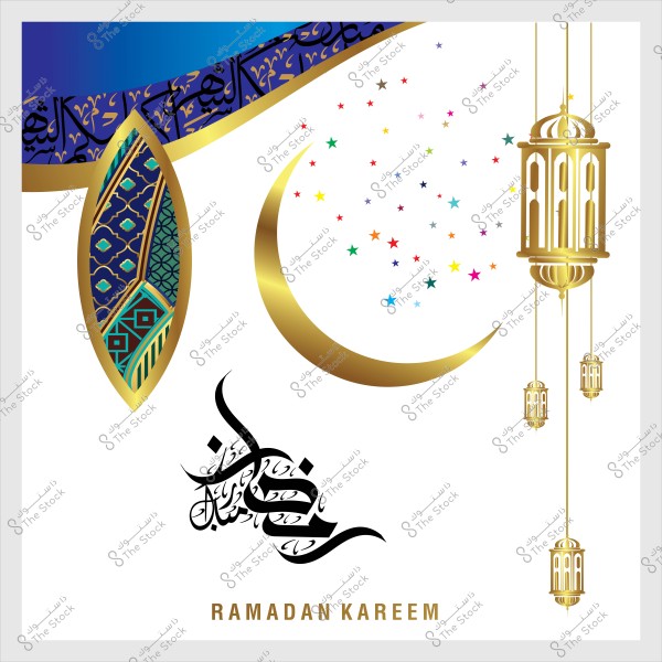 تصميم مستوحى من رمضان يظهر هلال ذهبي ونجوم ملونة وزخارف إسلامية مع عبارة "رمضان كريم" بالإنجليزية والعربية.
