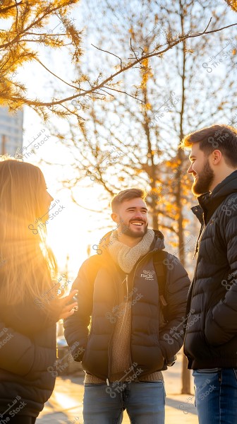 Three people are talking outside on a sunny day. They are wearing black winter jackets and appear to be smiling and enjoying their time. The trees in the background are bare, suggesting it\'s autumn or winter. The sun is setting on the horizon, casting a golden light over the scene.