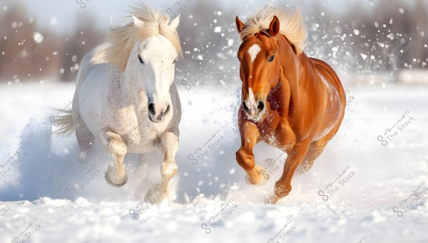 Two horses running through the snow. The first horse is white with a long white mane, while the second horse is brown with a light brown mane. The scene focuses on the horses\' motion and speed in a snowy, winter environment with snowflakes swirling around them.