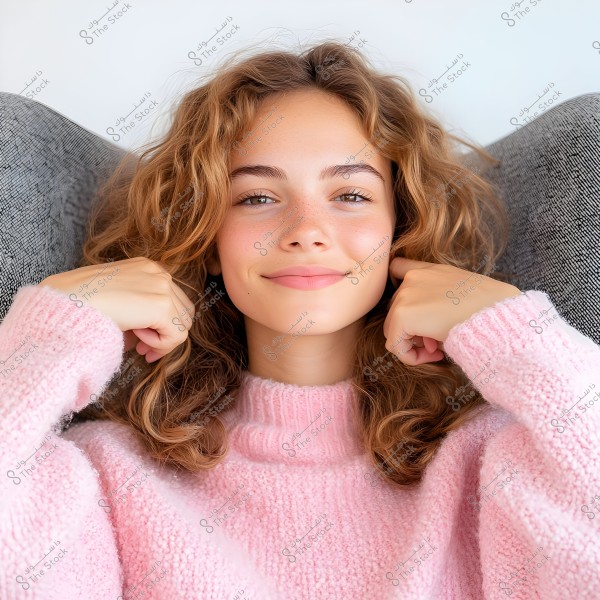 A portrait of a young woman with long, wavy brown hair, sitting on a gray couch. She is wearing a pink wool sweater and smiling gently at the camera. The soft lighting provides a warm and cozy feel to the image.