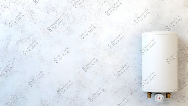 The image shows a white water heater mounted on a wall with a textured, light-colored surface. The heater is positioned in the right corner of the frame, and the walls appear white with subtle gray accents.