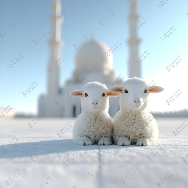 Two lambs with fluffy white wool are depicted in front of a building resembling a mosque with a dome and minarets, illuminated by bright sunlight.