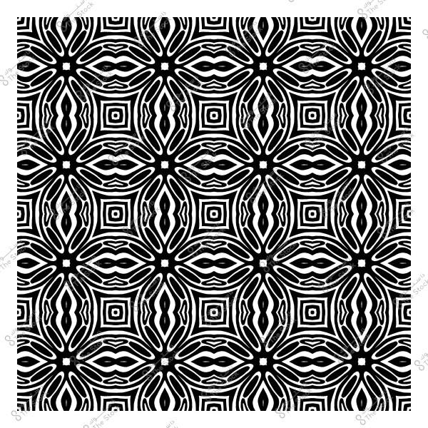 Black and white geometric pattern featuring repeated wavy and square shapes.