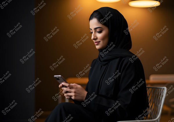 Image of a woman wearing a black abaya and hijab, sitting on a chair while holding a phone in her hands. The background features warm colors with soft lighting from lamps.