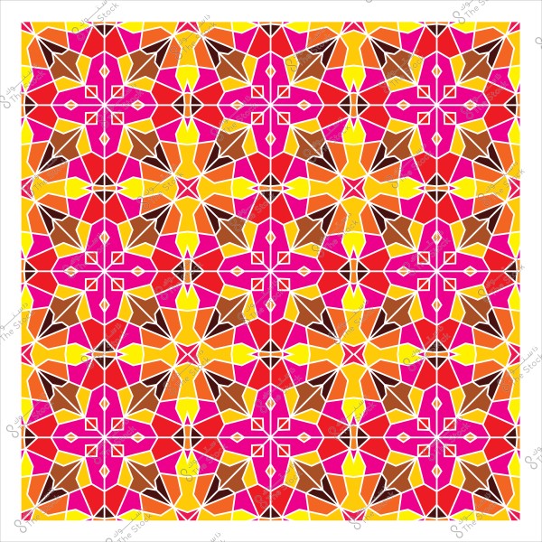 Colorful Islamic mosaic pattern featuring a symmetrical geometric design with shapes in red, pink, yellow, and brown. The elements are repeated symmetrically to create a balanced visual effect, representing a combination of star shapes and geometric ornaments.

-