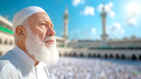 A portrait of an elderly man wearing a white garment and a white head cover, looking contemplative. In the background, a large mosque with tall minarets is visible under a clear blue sky, suggesting a sacred place crowded with worshippers.