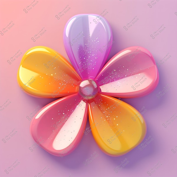 \"An image of a flower designed artistically, featuring five vibrant petals with gradients of purple, pink, orange, and yellow, with a glossy central part. The background is a soft pink, accentuating the bright colors of the petals.\"\r\n\r\n###