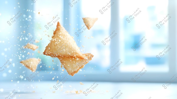 An image of several pieces of fried samosas flying in the air with crumbs scattering around them, and a blurred background showing a large window illuminated with a soft blue hue, giving a feeling of freshness and energy.