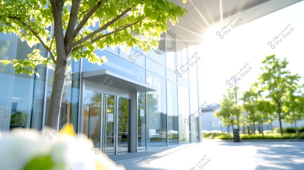 A modern building with a large glass facade under bright sunlight. A green tree with dense leaves is visible in the foreground, reflecting the natural surroundings of the building. The image appears to be taken at midday as the light floods the area, casting shadows of the tree on the stone pavement.