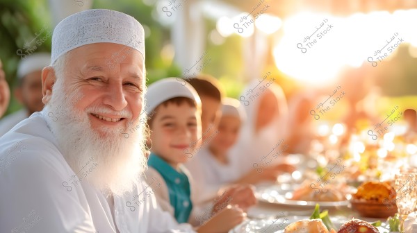 An image showing a group of people sitting around a dining table adorned with various dishes in an outdoor setting. In the foreground, an elderly man with a white beard is wearing traditional white clothing with a cap. Next to him is a smiling child in traditional white attire and a blue shirt. The image is brightly lit by the sun in the background, creating a warm and inviting atmosphere.