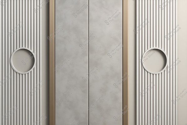 An elevator door with a contemporary design consisting of two vertical panels in gray shades, framed by a golden border. The surrounding walls feature vertical white stripes adorned with prominent circular rings. The design is sleek and modern, adding an artistic touch to the space.