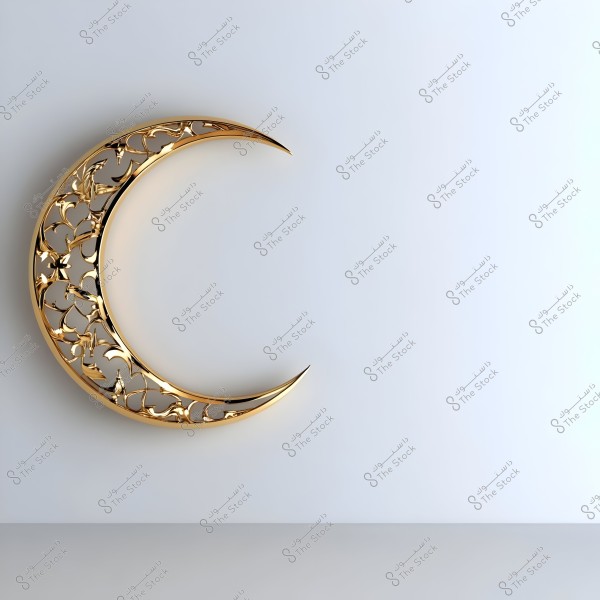 The image shows a decorative golden crescent with intricate floral patterns hanging on a white wall. The crescent is engraved with elaborate details, adding a touch of elegance and beauty, gently illuminated, reflecting a soft glow on the surrounding surface.