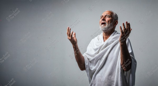A portrait of an elderly man with a white beard, wearing Ihram, raising his hands in supplication, against a plain grey background. The white garment indicates the Ihram clothes worn by Muslims during Hajj and Umrah.