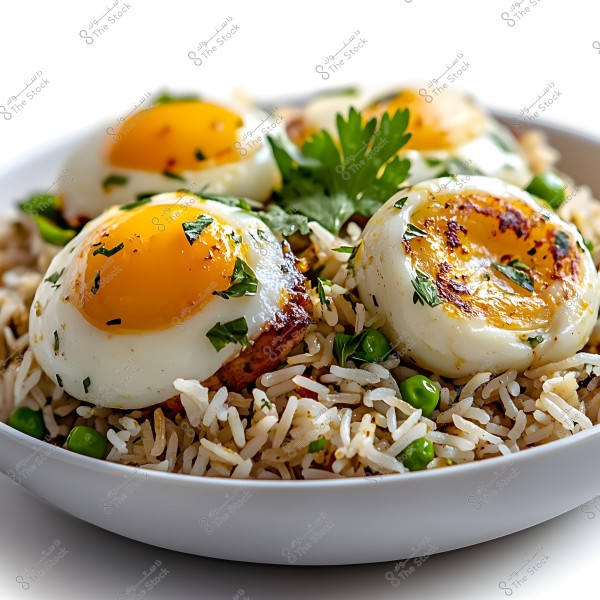 Image of a dish consisting of cooked rice garnished with vegetables like peas and fresh cilantro leaves, topped with four sunny-side-up fried eggs. The eggs appear skillfully fried with slightly browned edges.