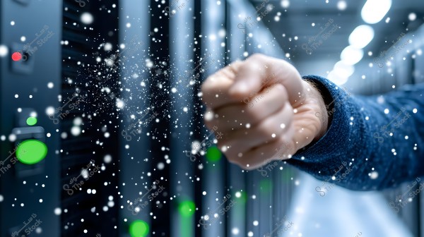 Image showing a background of electronic servers with a raised and clenched hand in the foreground. Small white dots resembling snow are scattered throughout the image, creating a dynamic effect. The person is wearing a dark blue sweater.