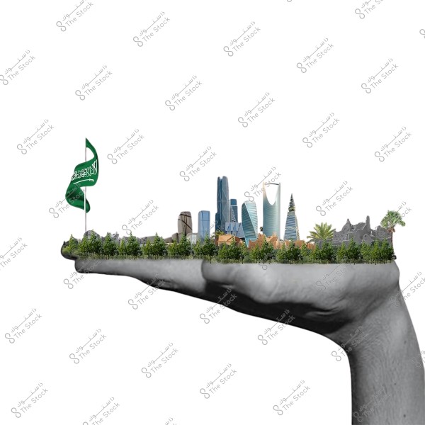 An image of a human hand raised with a scene of Riyadh city in Saudi Arabia placed on the palm. Prominent landmarks such as the Al Faisaliah Tower and the Kingdom Tower are visible, surrounded by trees, with the Saudi flag flying on the left.
