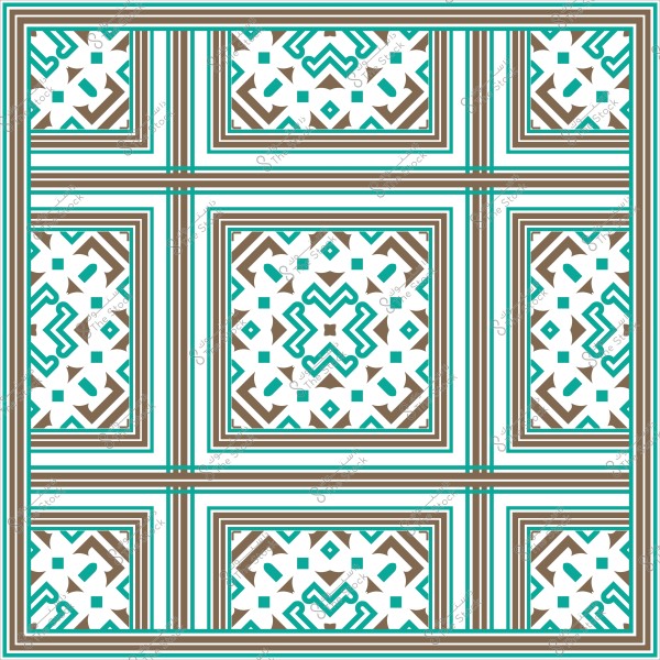 نمط هندسي مزخرف باللونين البني والأزرق الفيروزي مع خطوط متقاطعة وأشكال متكررة.