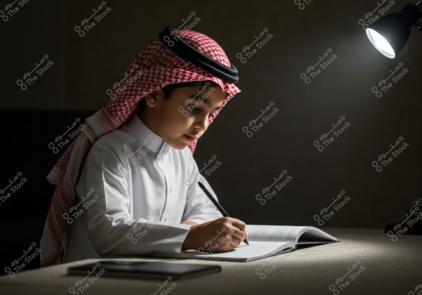 A portrait of a young boy sitting at a table studying intently under a lamp light. The boy is wearing traditional white attire with a red and white checkered headscarf and a black cord, suggesting he might be from Saudi Arabia. An open book is in front of him, and he is using a pen to write. The background is dark, highlighting the lamp’s illumination.