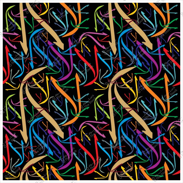 A repeating pattern of arrows in various bright colors on a black background.