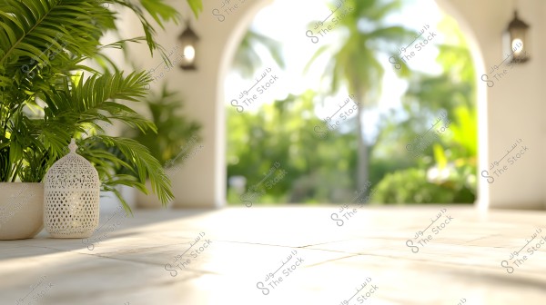 A bright room with a white tiled floor featuring green plants in a pot on the left. Next to the plant is a decorative white metal lantern. In the background, a large archway reveals a sunny outdoor garden with green palm trees and soft shadows.\r\n\r\n###