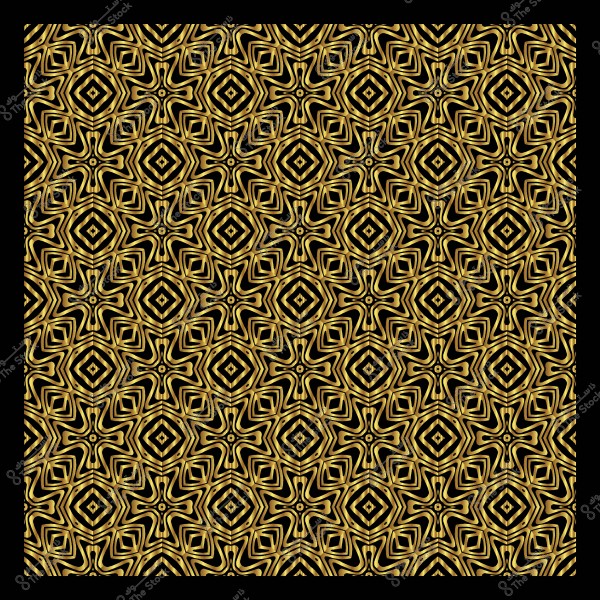 A symmetrical geometric pattern in gold and black colors, featuring an interlocking design of stars and squares.