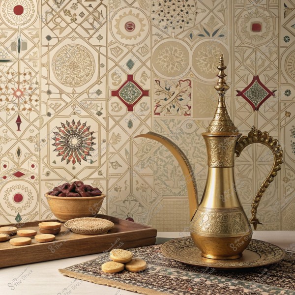 صورة تحتوي على إبريق قهوة عربي تقليدي ذهبي مزخرف موضوع على صينية دائرية منقوشة. بجانبه توجد طاولة خشبية صغيرة عليها أطباق بها حلوى دائرية وصحن من التمر. الخلفية تتضمن تصميمات هندسية ونقوش فنية بألوان دافئة مثل الأحمر والذهبي.