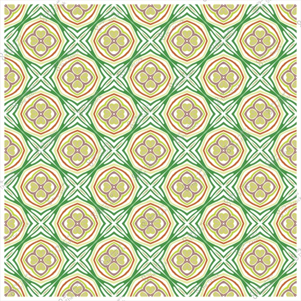 نمط هندسي متكرر بألوان خضراء وبرتقالية وبنفسجية يشبه الأزهار داخل أشكال سداسية.