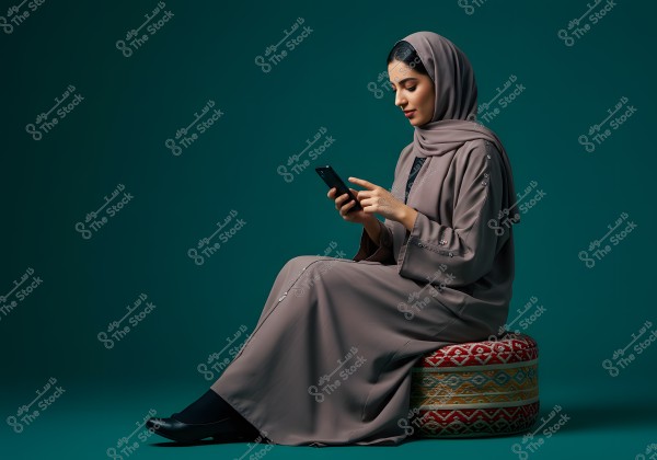 Image of a woman sitting on a decorative cushion. She is wearing a traditional abaya and hijab with a Gulf design, in an indoor setting with a dark green background. The woman is holding a smartphone and looking at it intently, wearing black shoes.
