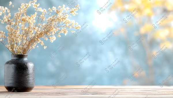 A textured black vase containing a bunch of dried white flowers placed on a wooden surface. The background is blurred with blue and golden hues, adding depth to the image.