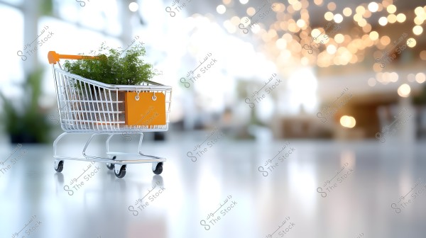 A metal shopping cart containing a green plant is in the foreground, with a blurred background showcasing warm lights and bokeh effects. It appears to be in an indoor setting such as a mall or store.