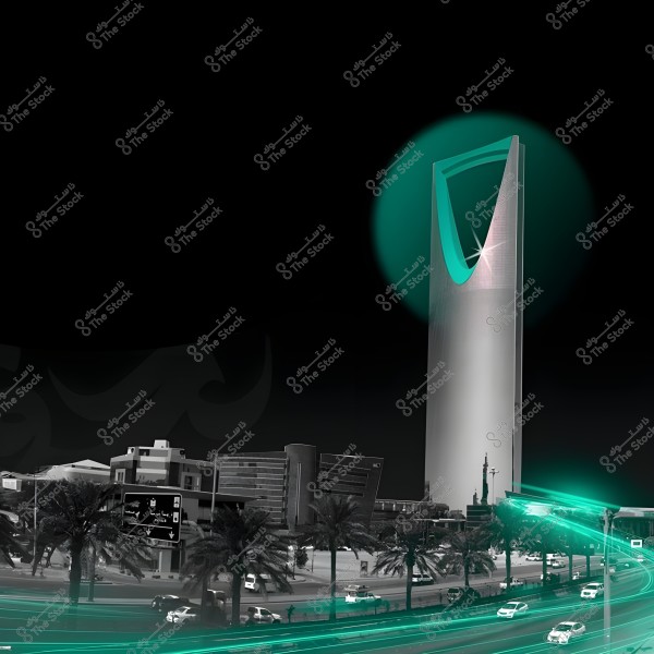 A nighttime image of the Kingdom Tower in Riyadh, Saudi Arabia. The tower stands tall with its distinctive top opening, illuminated by green light effects. In the foreground, buildings, trees, and vehicles on the highway are visible, with car lights creating glowing trails.