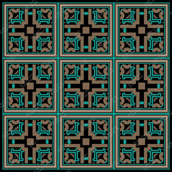 تصميم بلاط مزخرف بألوان الأسود والبني والتركواز بنمط هندسي متكرر.