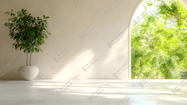 Image of a bright room featuring a large white wall and a tall indoor plant placed in a white vase on the floor. There is an arched window on the right side overlooking dense green trees outside, allowing bright sunlight to enter the room.